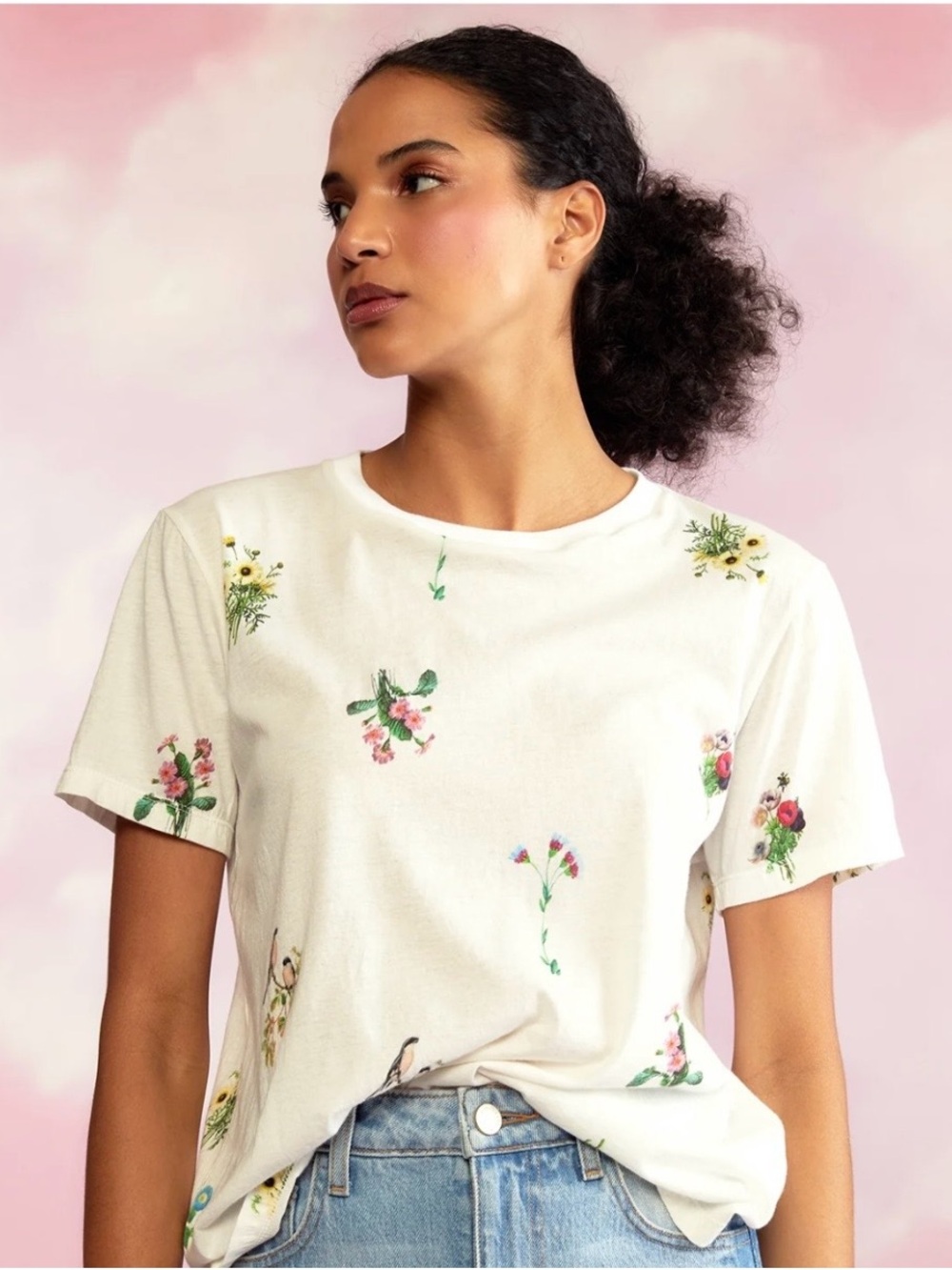 Cynthia Rowley Cream Floral Short-Sleeve Tee with Multicolor Blooms
